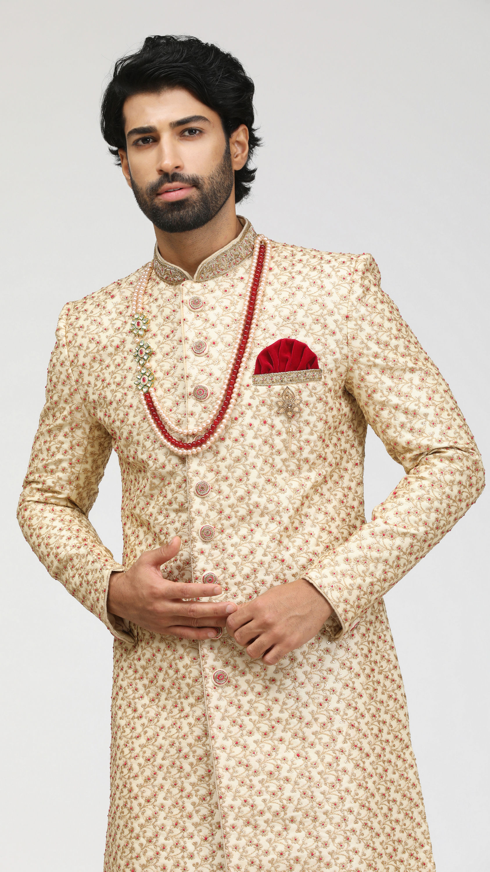 Manyavar Men Beige Sherwani With Heavy Embroidery Work
