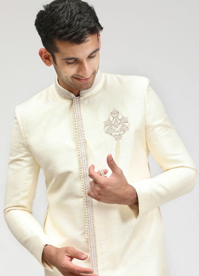 alt message - Manyavar Men Opal White Sherwani image number 0