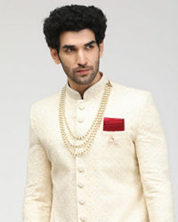 Manyavar Men Pristine White Self Design Sherwani