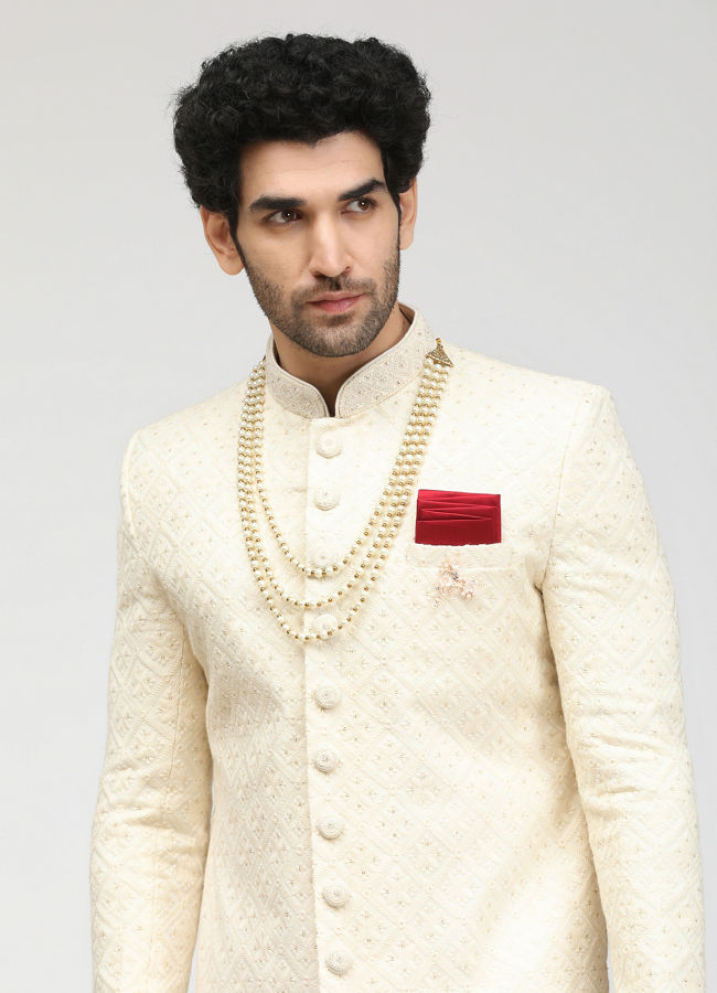 alt message - Manyavar Men Pristine White Self Design Sherwani image number 0