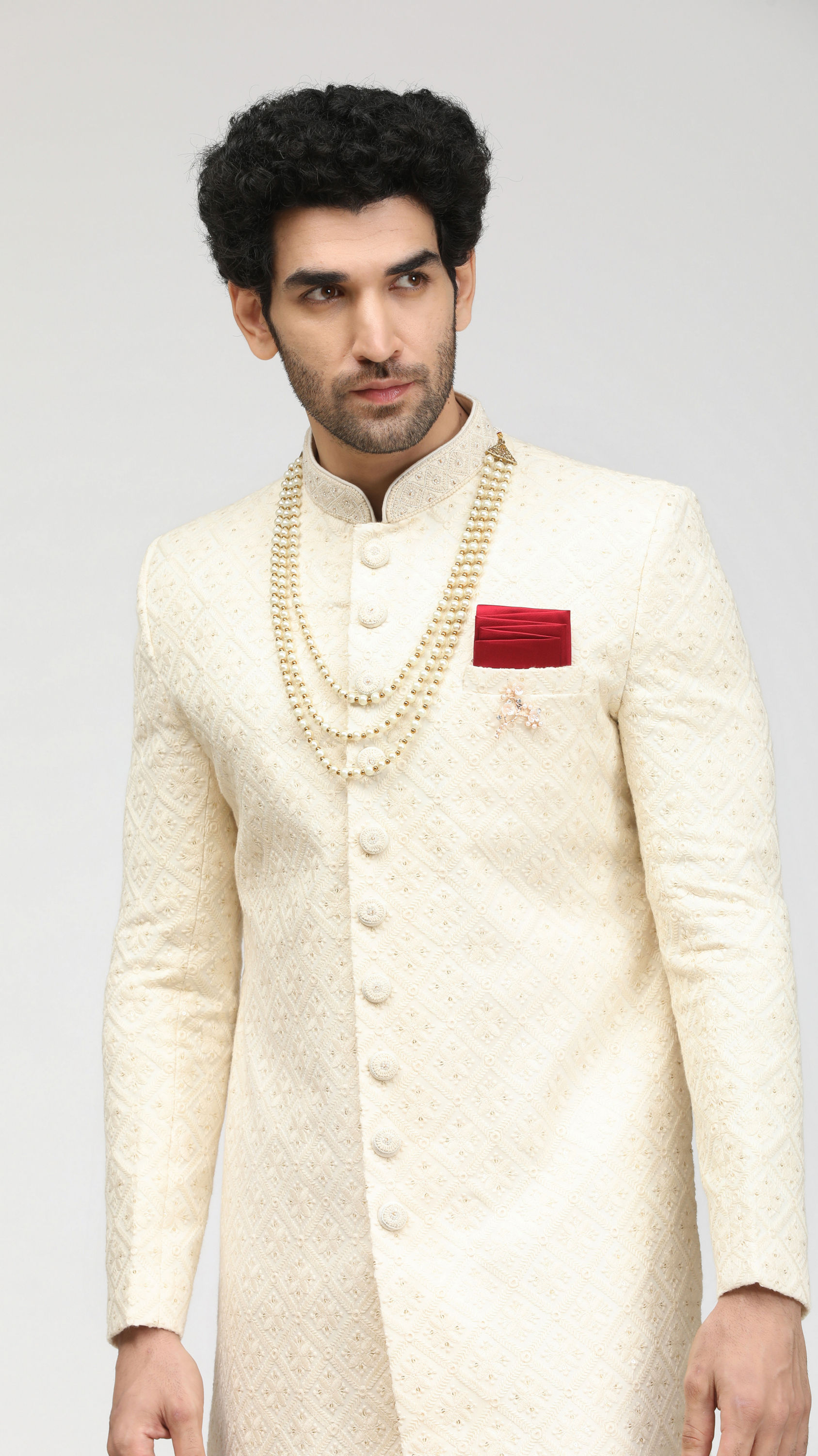 Manyavar Men Pristine White Self Design Sherwani