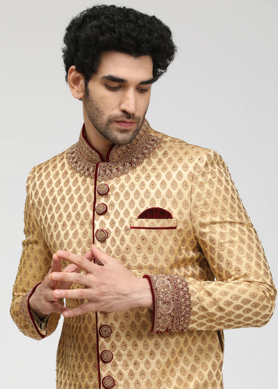 Manyavar Men Beige Jacquard Groom Sherwani