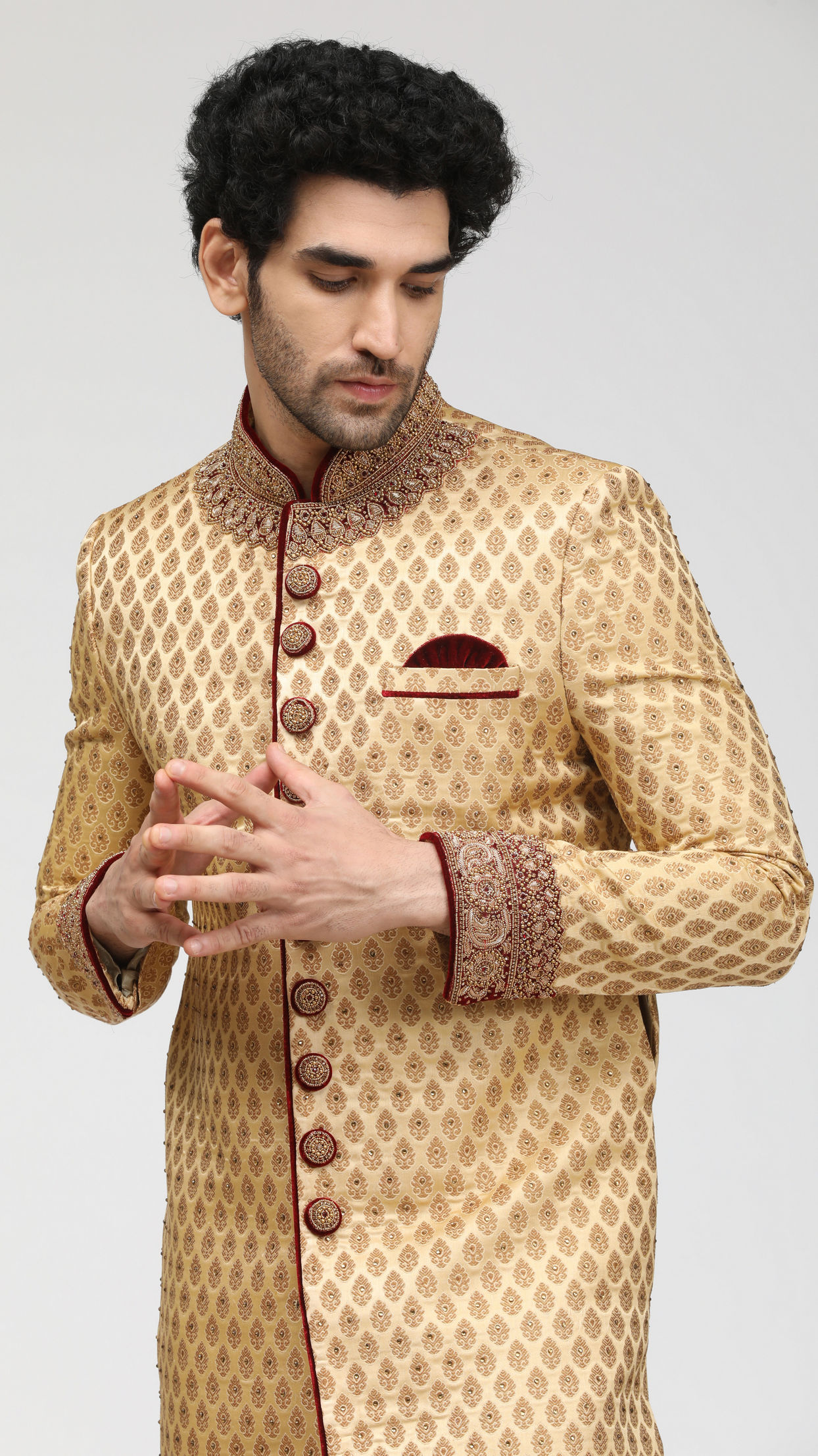 Manyavar Men Beige Jacquard Groom Sherwani