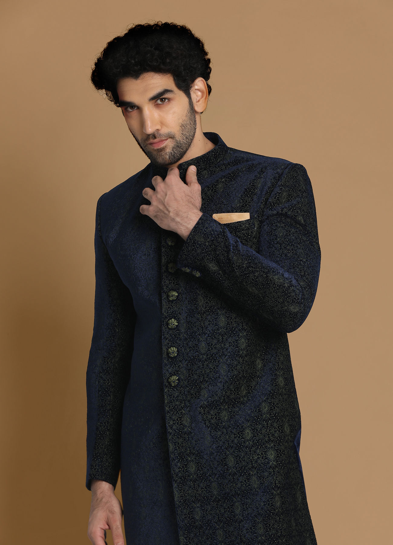 Manyavar Men Magnificent Dark Green Indo Western Set