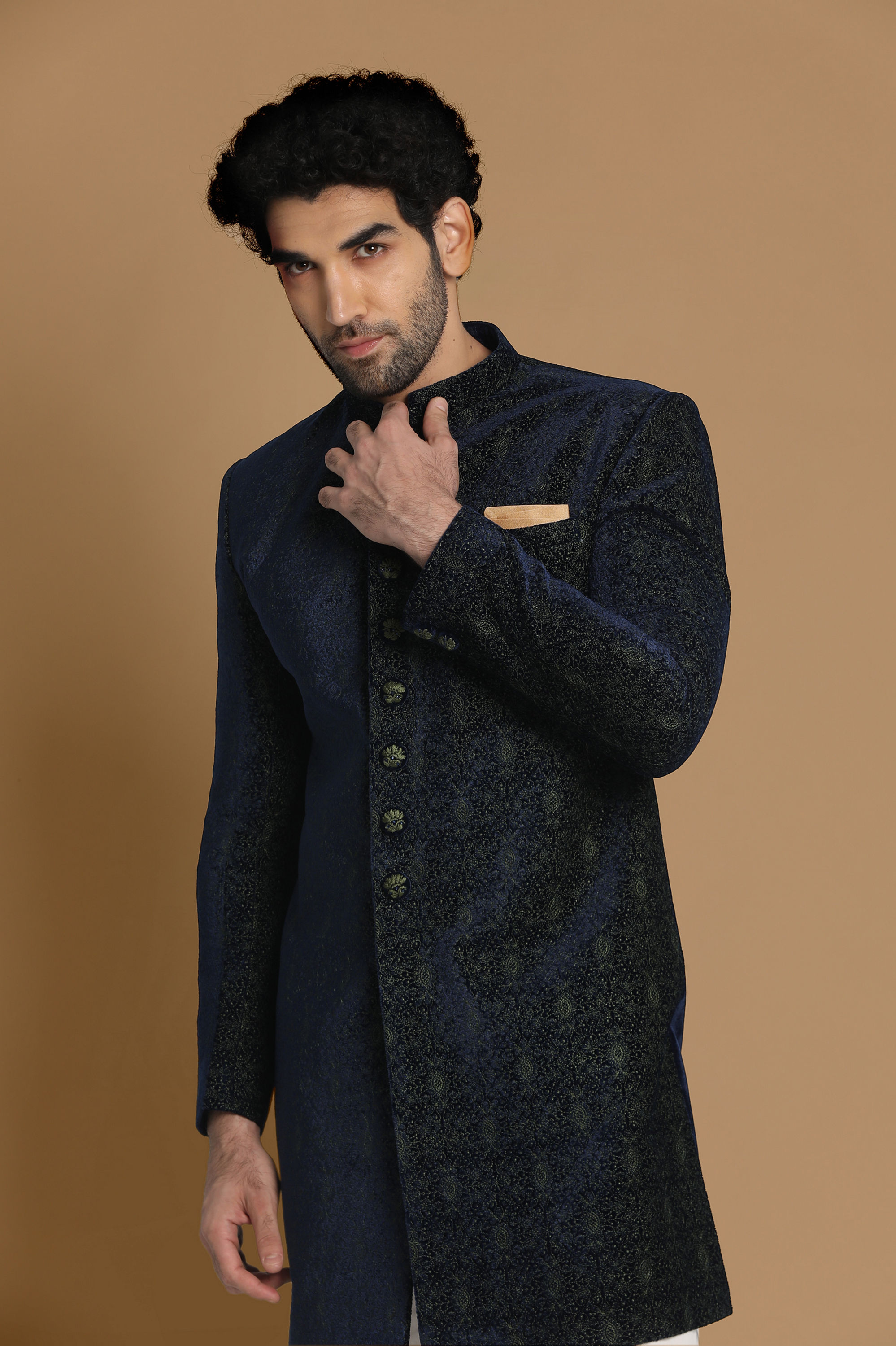 Manyavar Men Magnificent Dark Green Indo Western Set