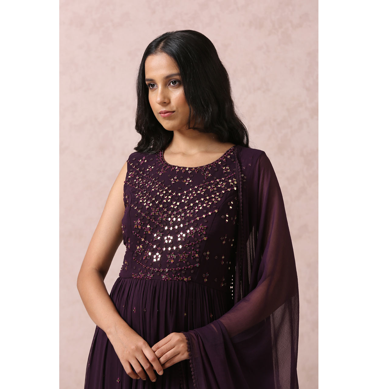 Mohey Women Wine Mirror Gown With Dupatta