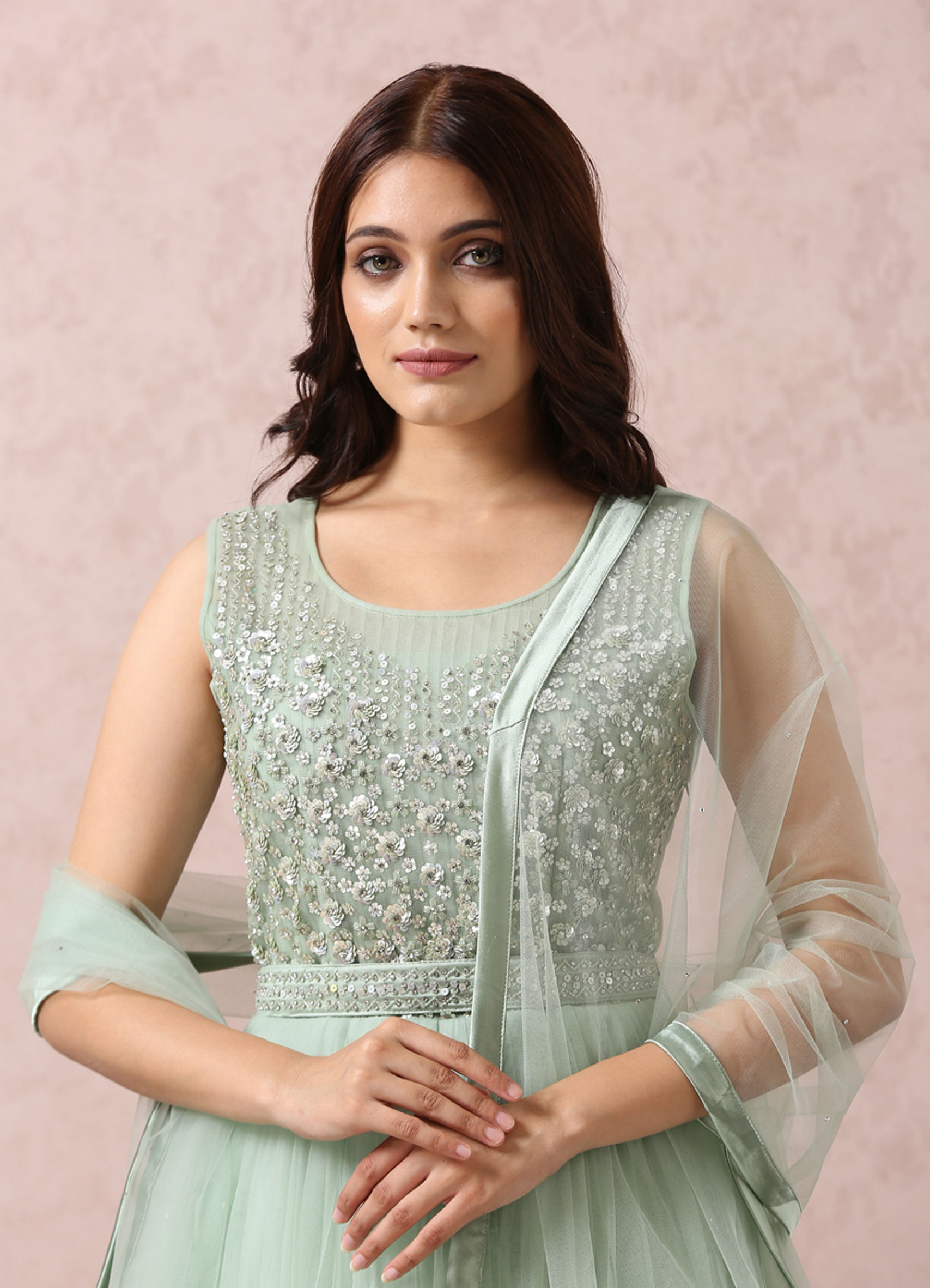 Buy Pista Green Embellished Gown With Dupatta Online in the USA @Mohey -  Indo western dress for women for Women