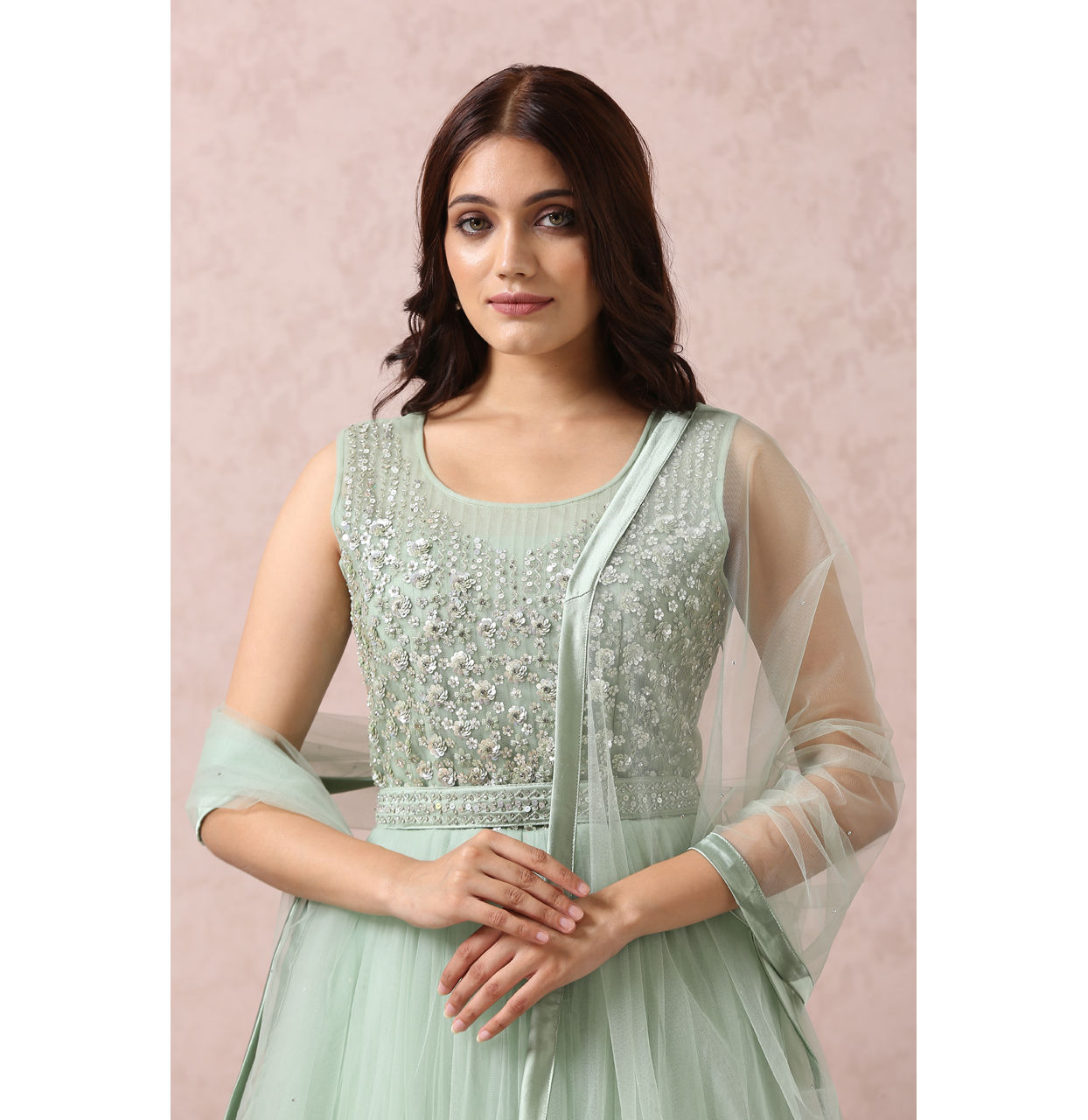 Mohey Women Pista Green Embellished Gown With Dupatta image number 1