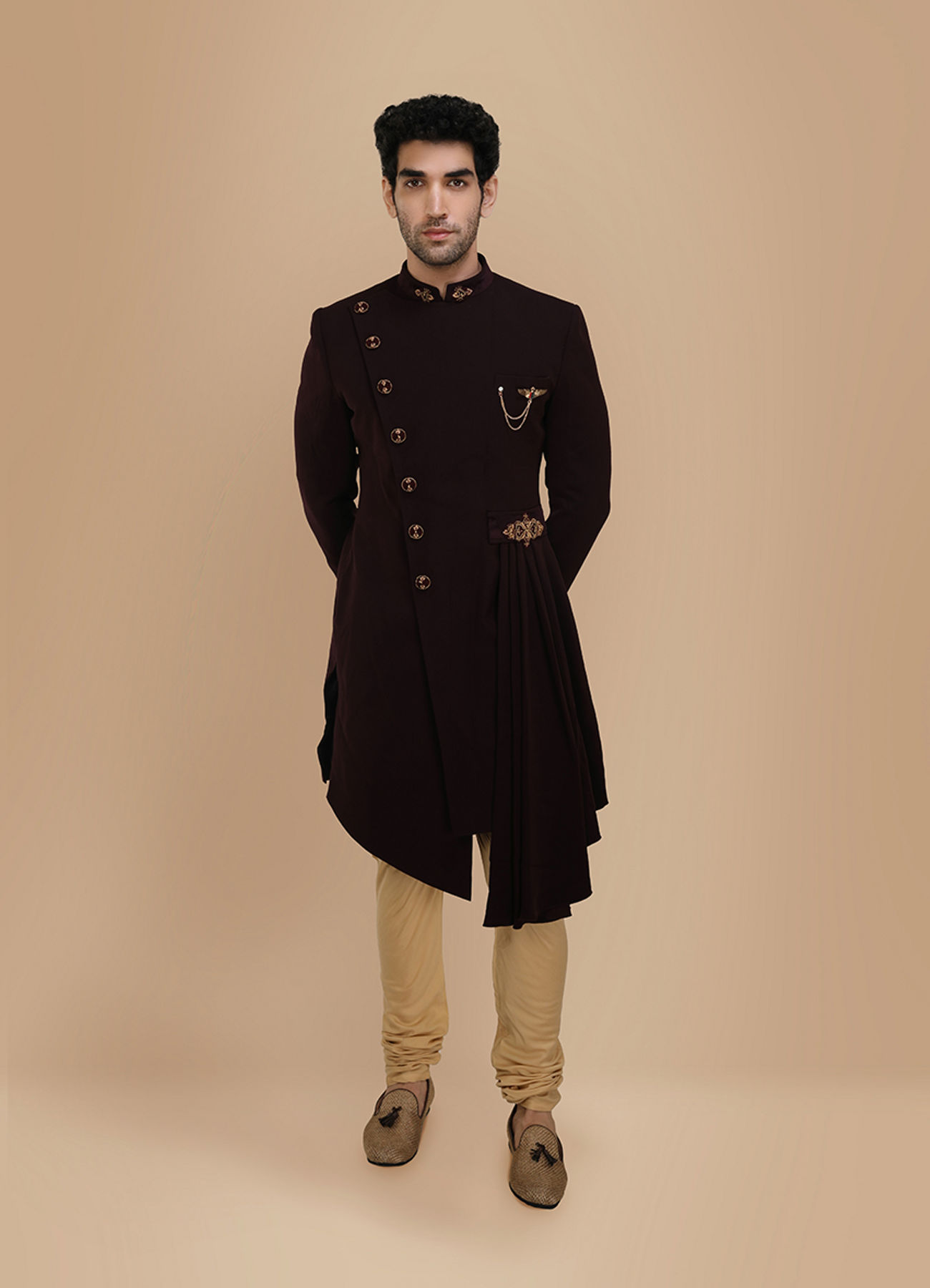 Manyavar Men Sublime Wine Indo Western Set