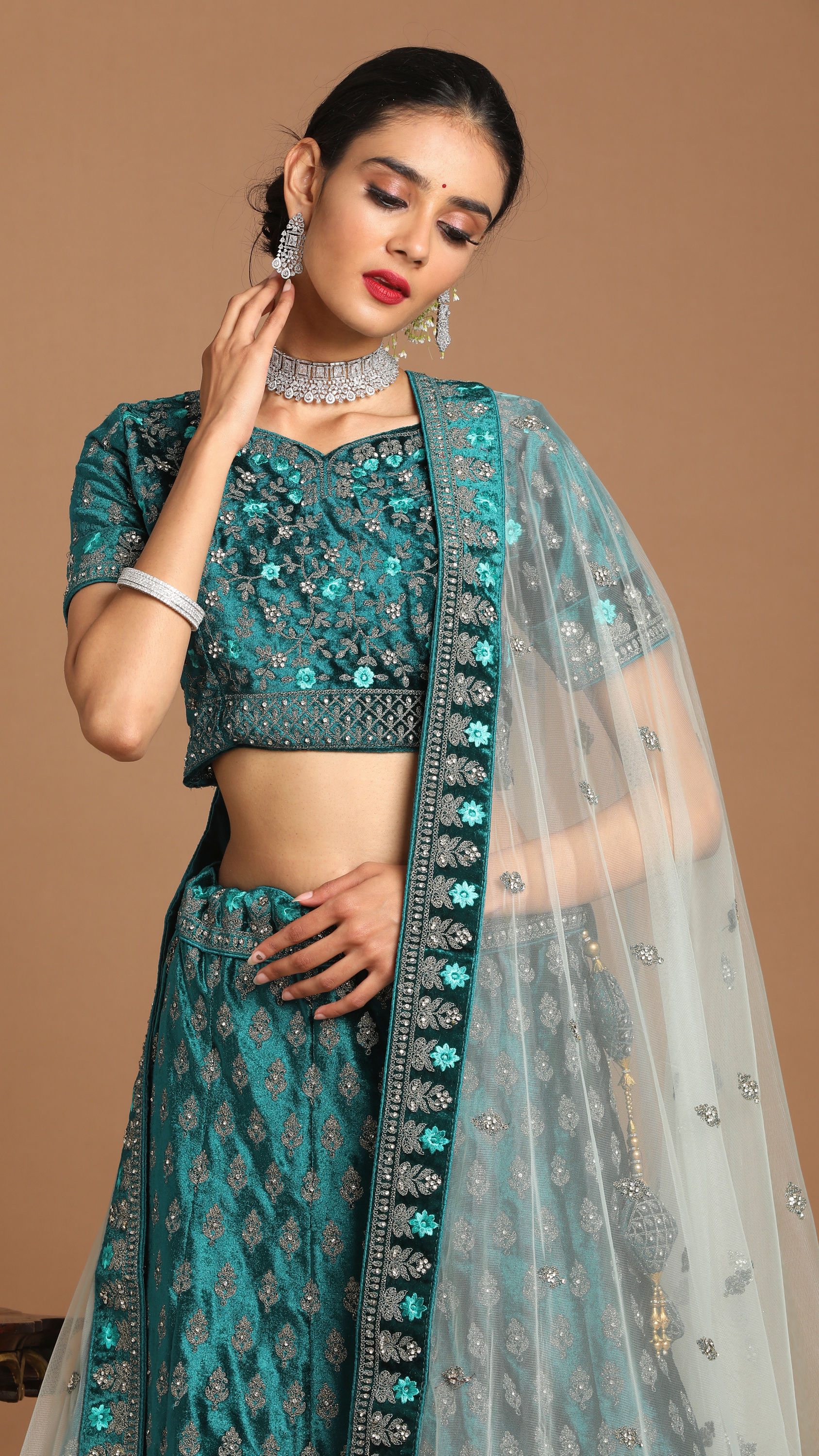 Mohey Women Sea Green Velvet Bridal Lehenga