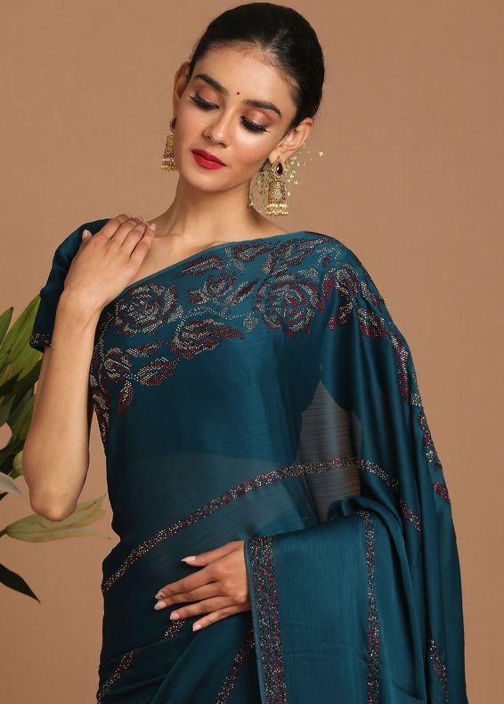 Mohey Women Bold Blue Chiffon Saree