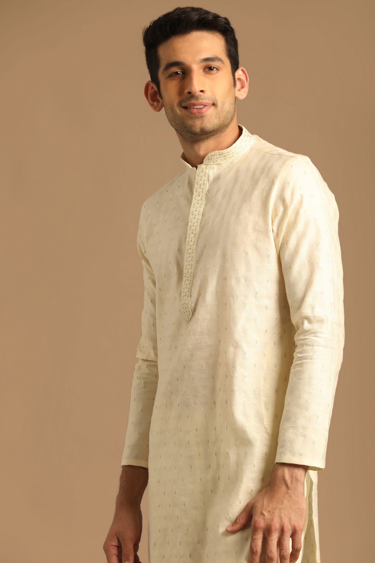 Manyavar Men Cream Jacquard Kurta Set