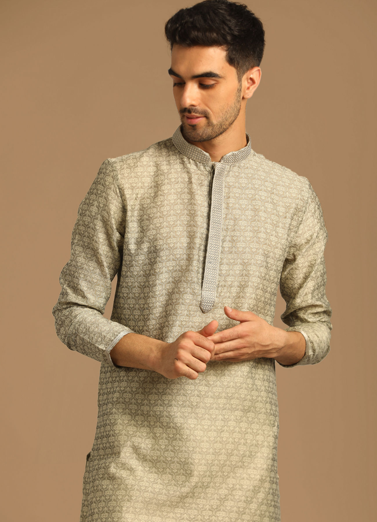 Manyavar Men Smoke Grey Self Design Kurta Set