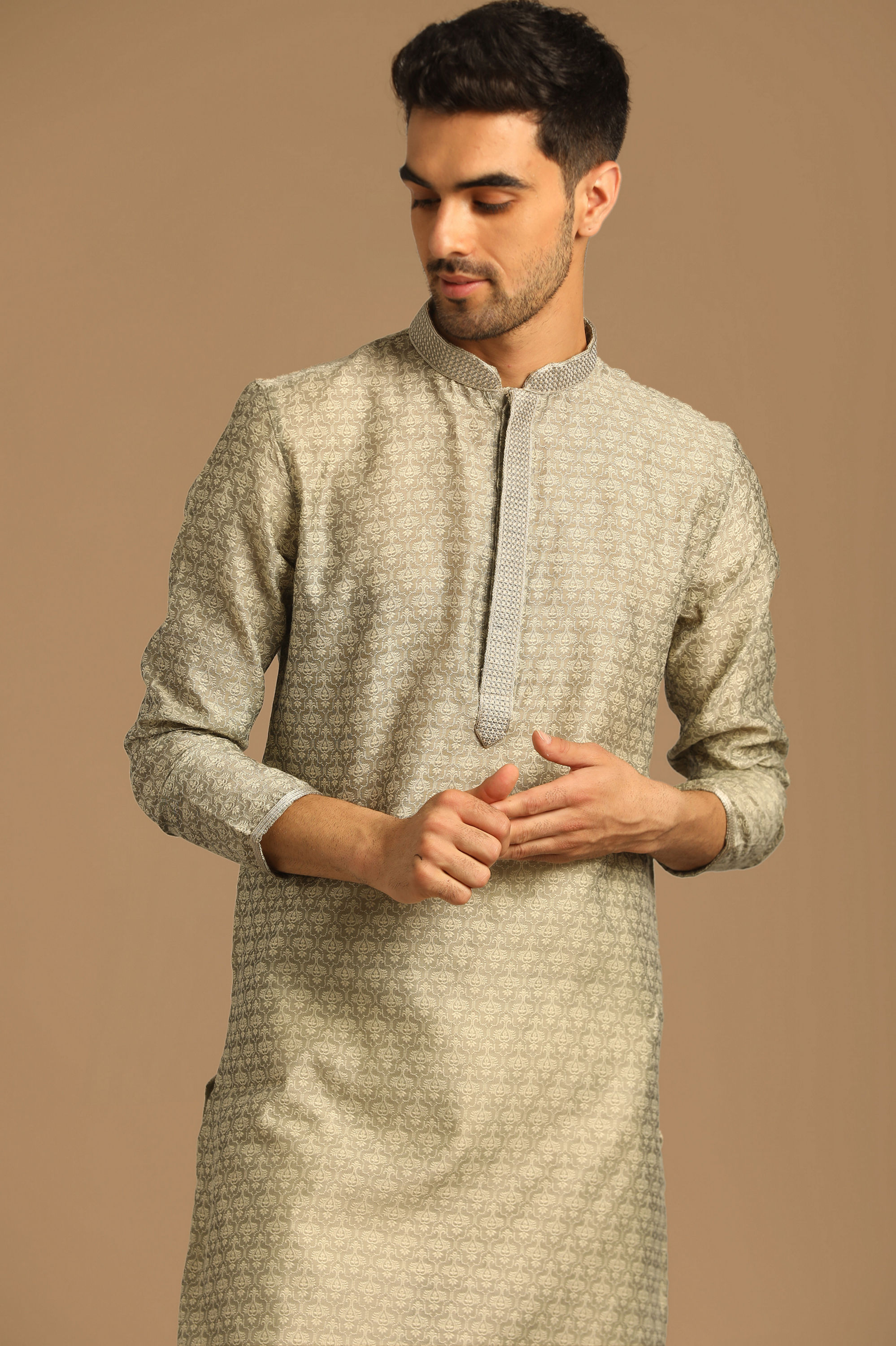 Manyavar Men Smoke Grey Self Design Kurta Set