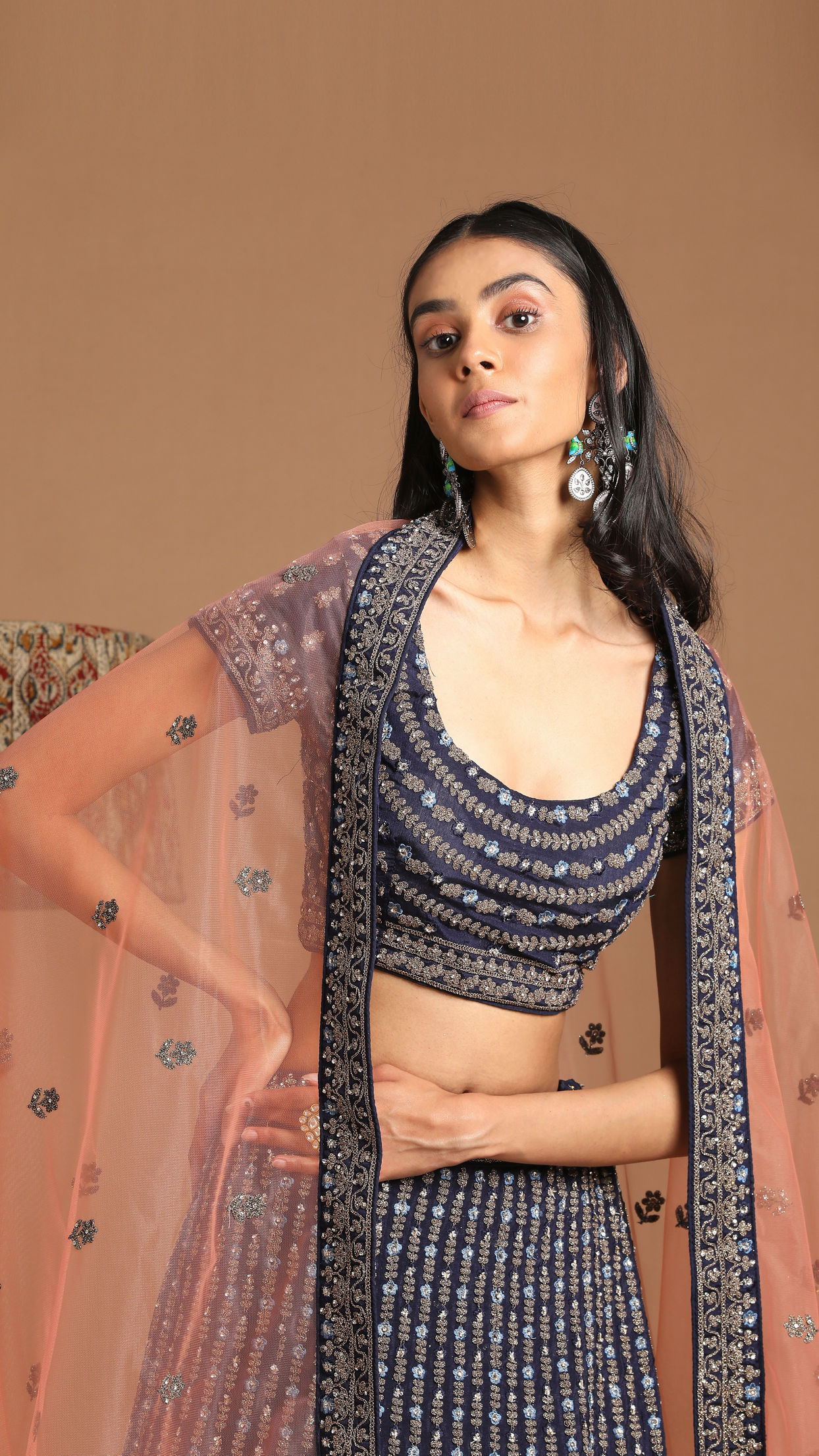 Mohey Women Chiffon Indigo Blue Lehenga