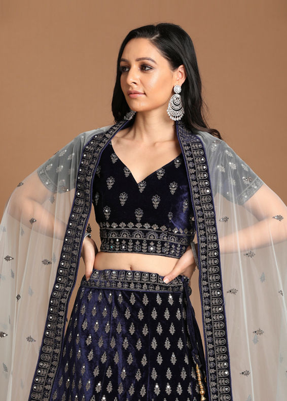 Mohey Women Velvet Indigo Blue Bridal Lehenga