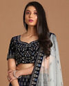 alt message - Mohey Women Indigo Blue Velvet Lehenga image number 1