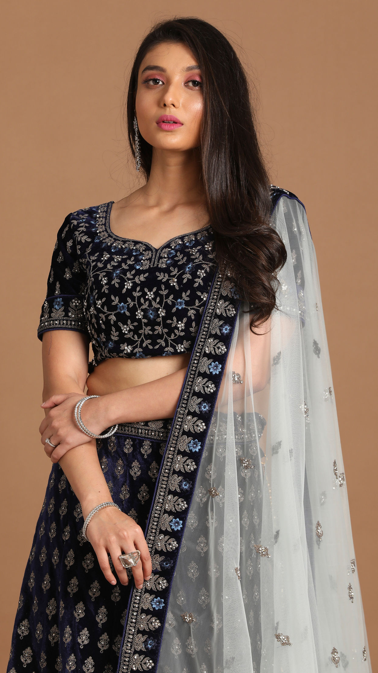 alt message - Mohey Women Indigo Blue Velvet Lehenga image number 1