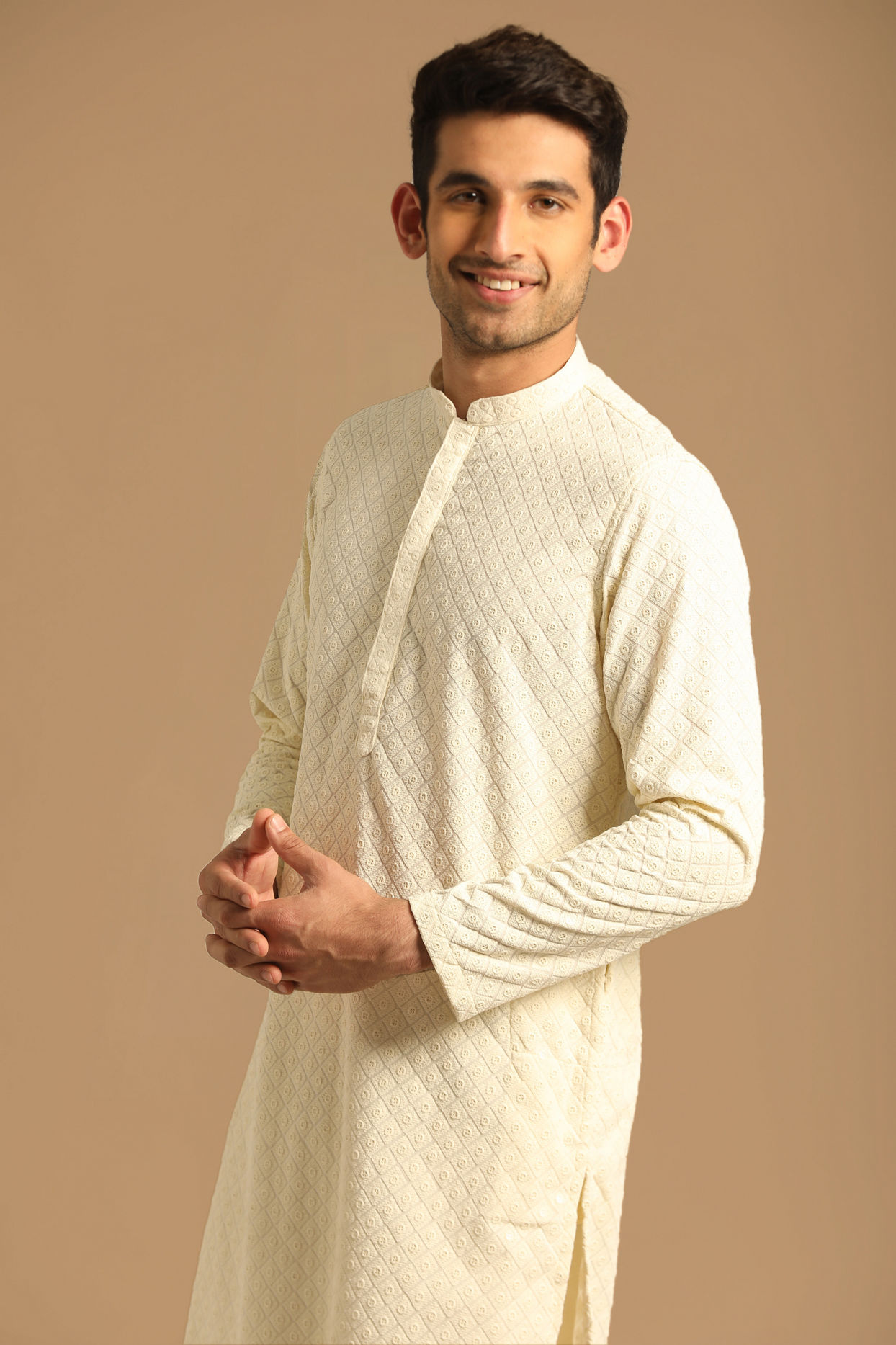 alt message - Manyavar Men Classy Cream Kurta Set image number 0