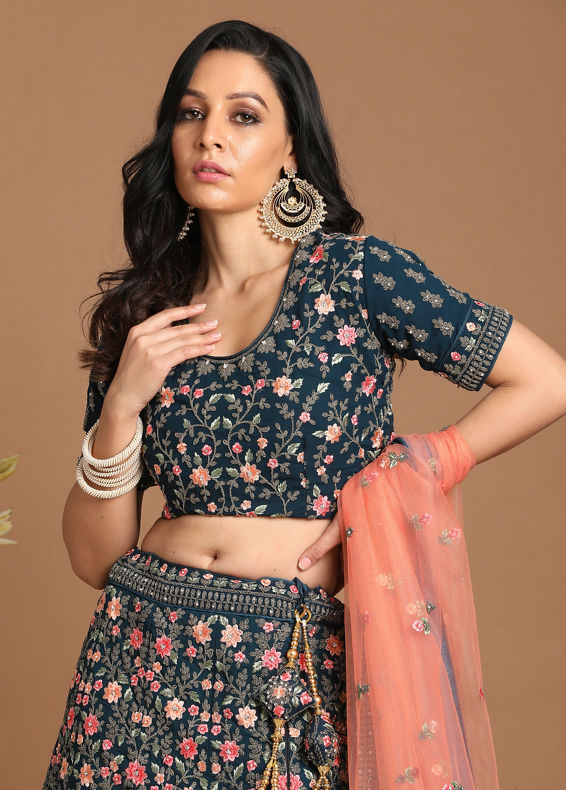 Mohey Women Teal Blue Embroidered Lehenga with Floral Motif