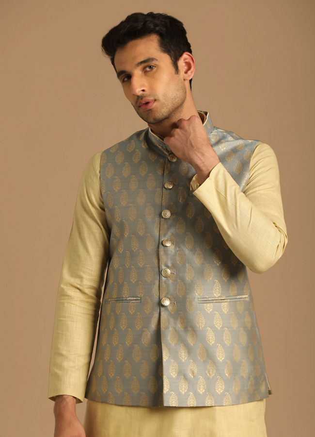 alt message - Manyavar Men Grey Jacket With Golden Motifs image number 0