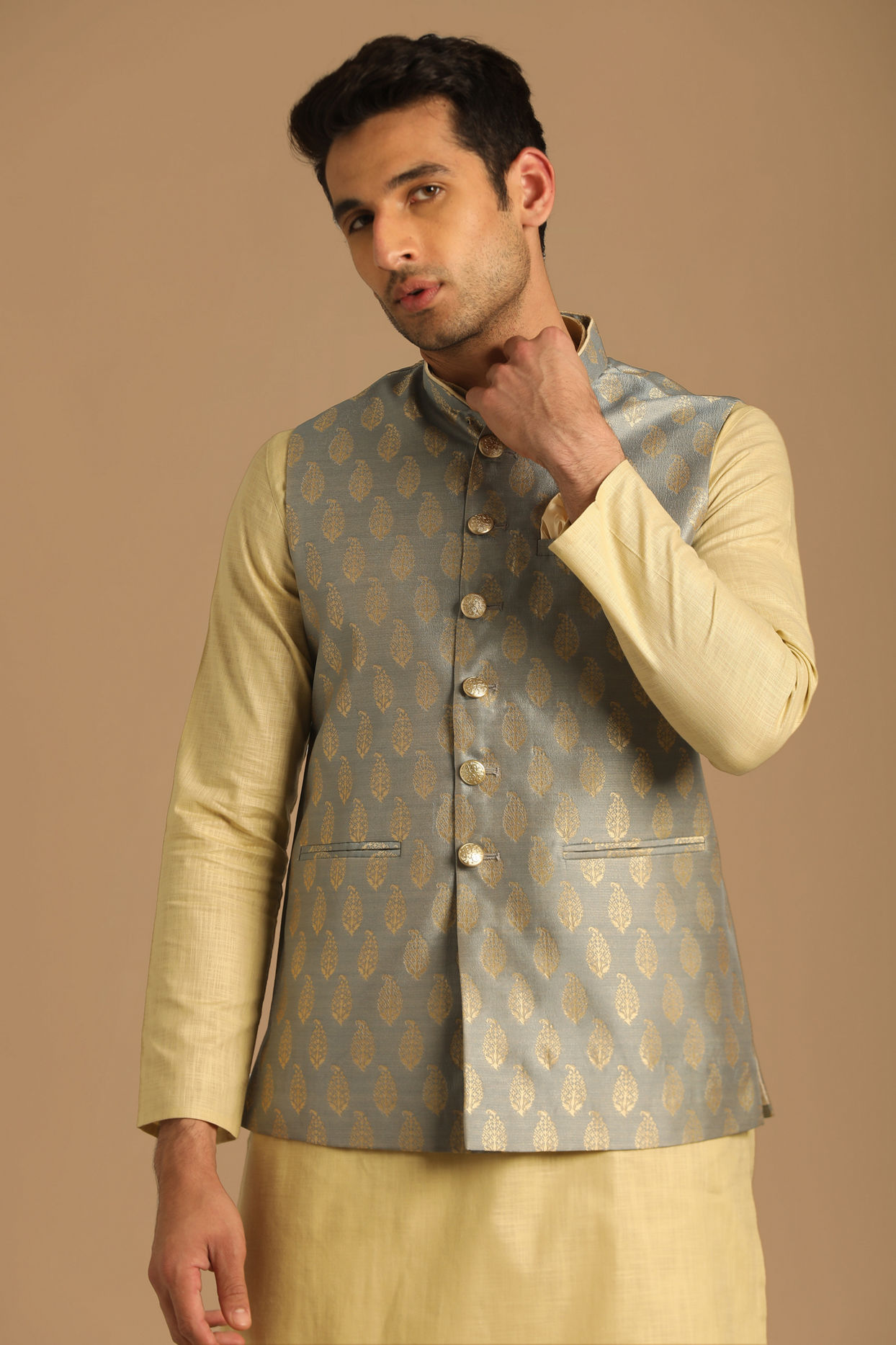 alt message - Manyavar Men Grey Jacket With Golden Motifs image number 0