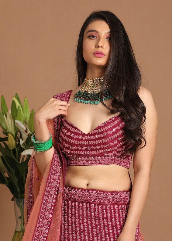 Mohey Women Chiffon Wine Red Lehenga