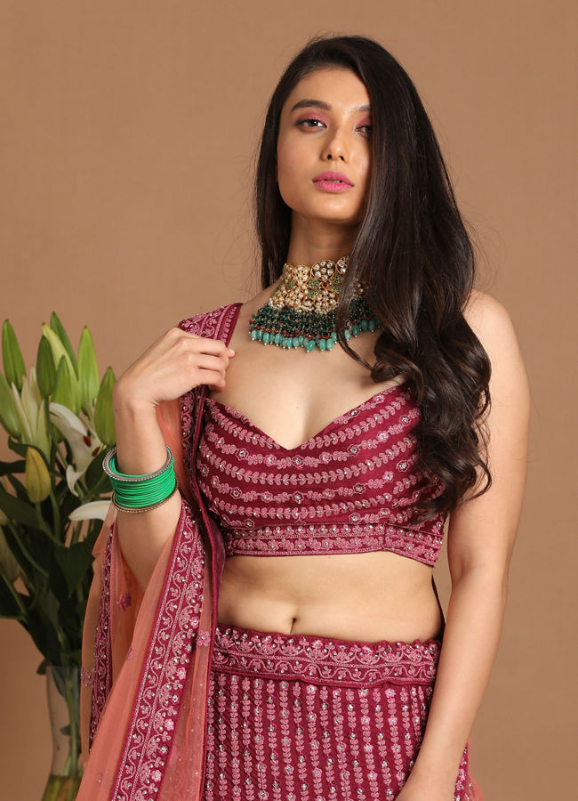 Chiffon Wine Red Lehenga image number 1