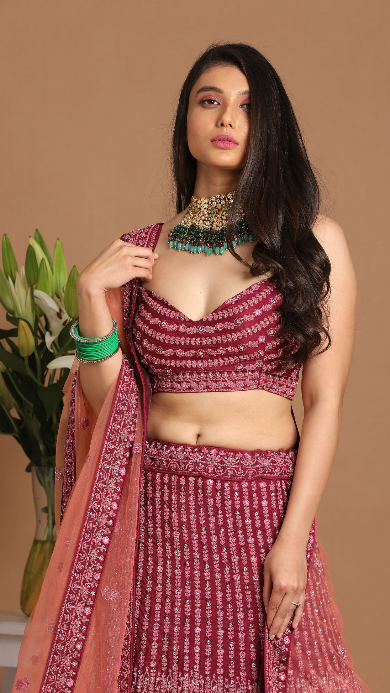 Mohey Women Chiffon Wine Red Lehenga