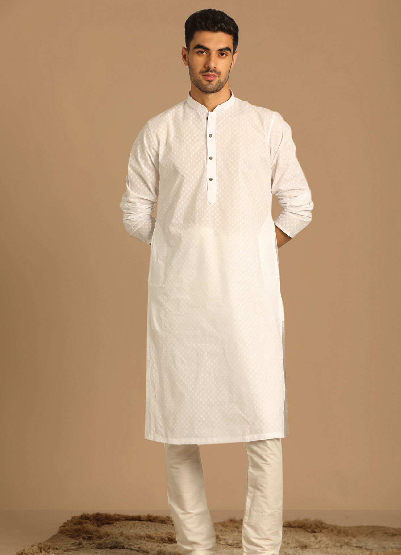 Manyavar Men White Self Booti Kurta Pajama