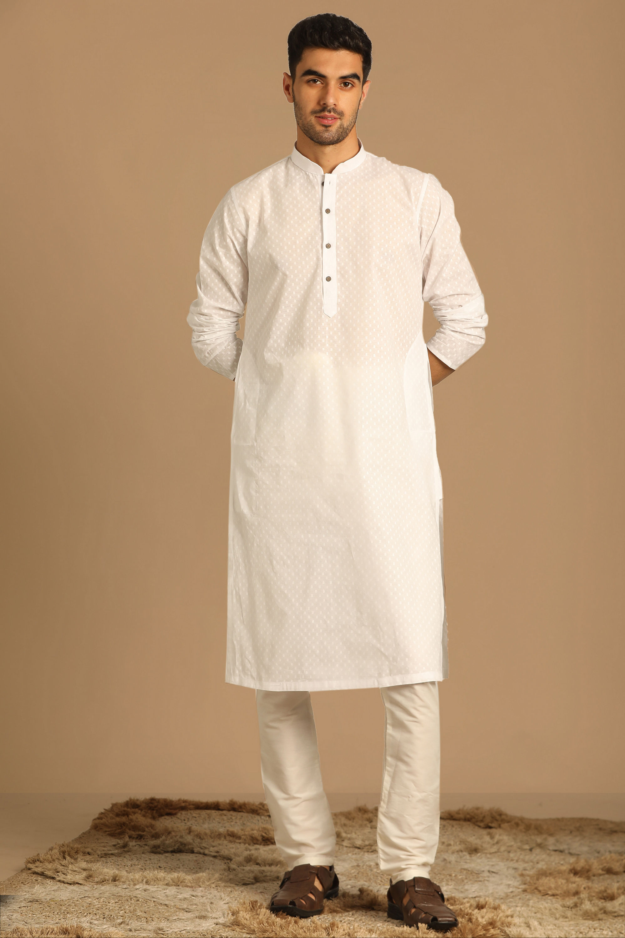 Manyavar Men White Self Booti Kurta Pajama