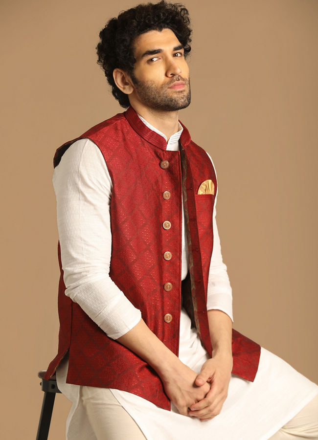 Manyavar Men Classy Maroon Jacket image number 0