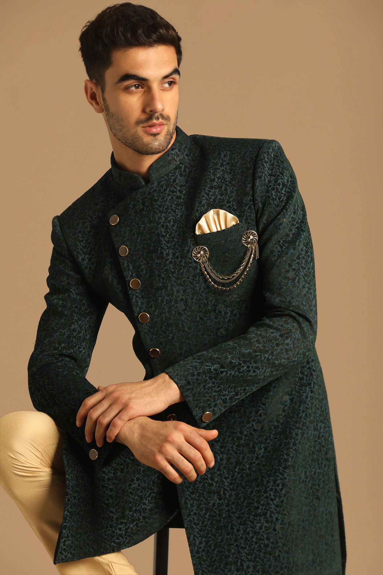 alt message - Manyavar Men Graceful Green Indo Western Set image number 0