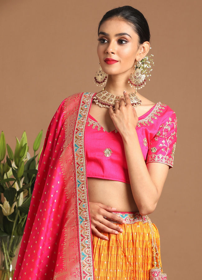 alt message - Mohey Women Charming Mustard Yellow Lehenga image number 1