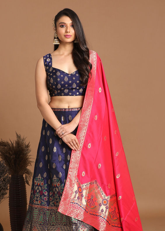 Mohey Women Vibrant Indigo Blue Benarasi Lehenga