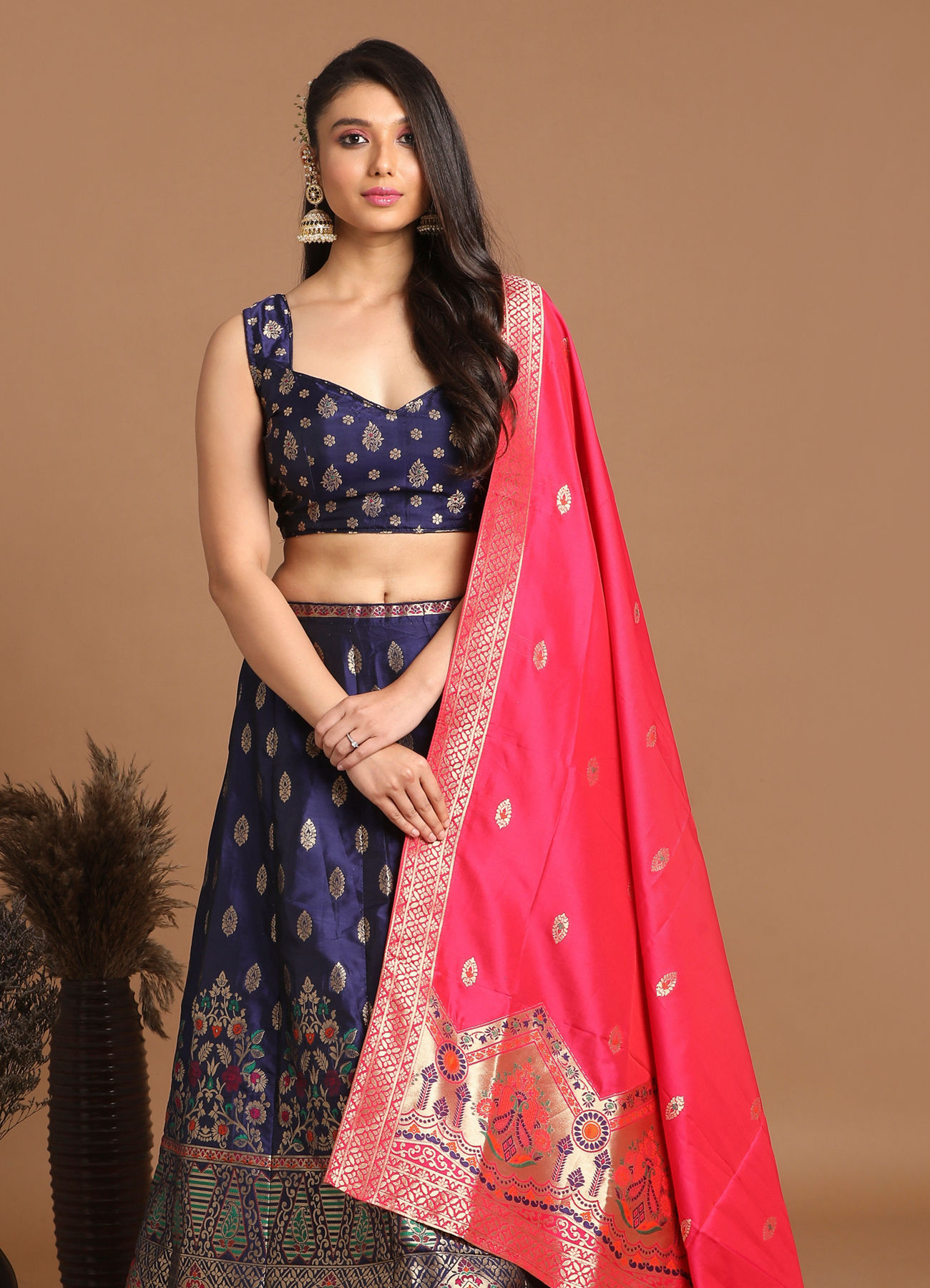 Mohey Women Vibrant Indigo Blue Benarasi Lehenga