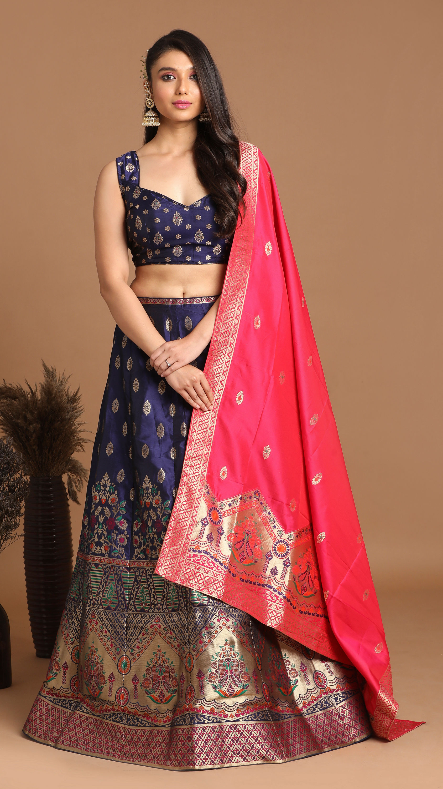 Mohey Women Vibrant Indigo Blue Benarasi Lehenga