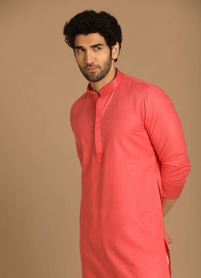 Manyavar Men Rani Pink Cotton Blend Kurta Pajama