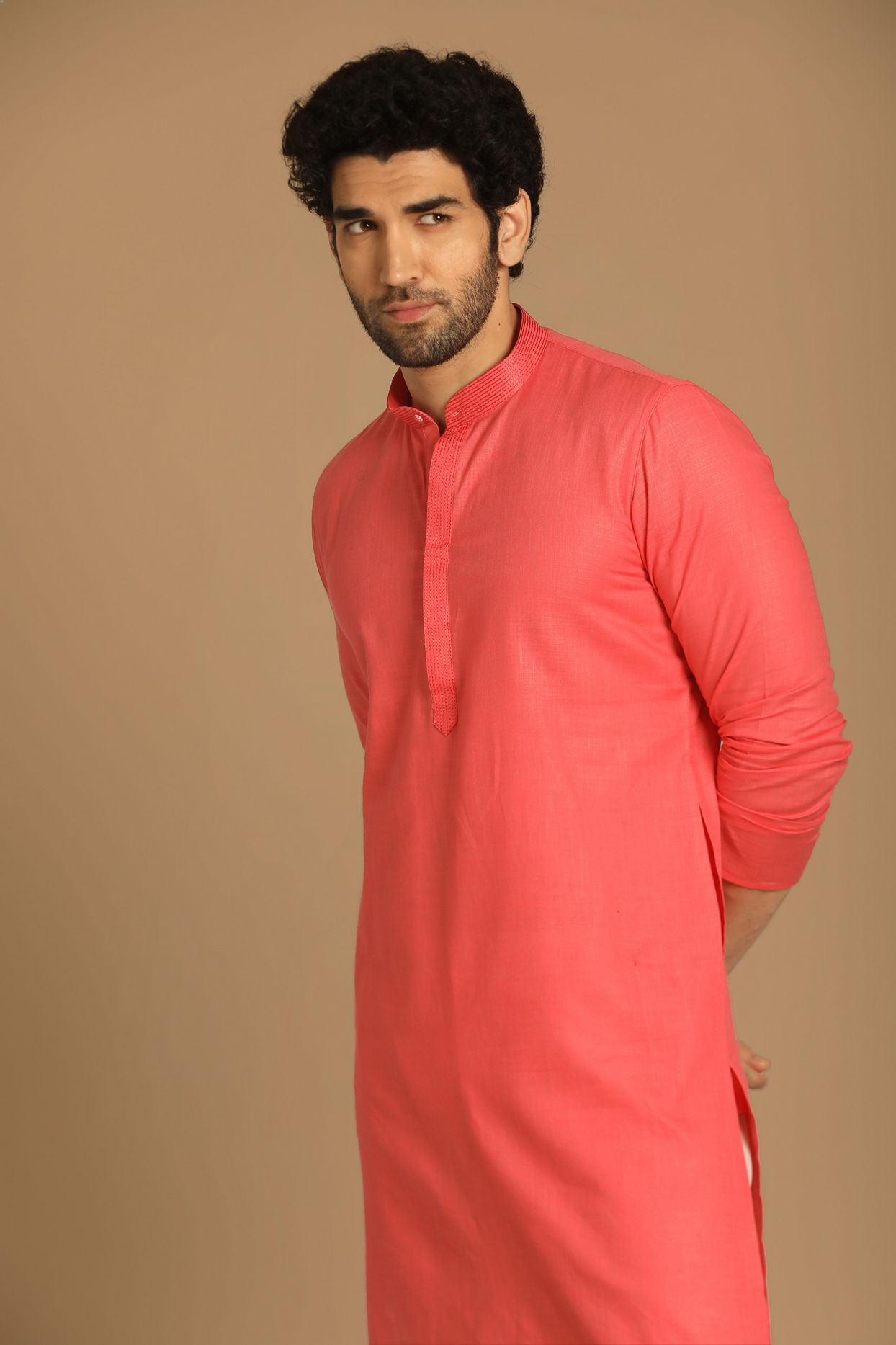 Manyavar Men Rani Pink Cotton Blend Kurta Pajama
