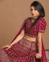 alt message - Mohey Women Velvet Wine Red Lehenga image number 0