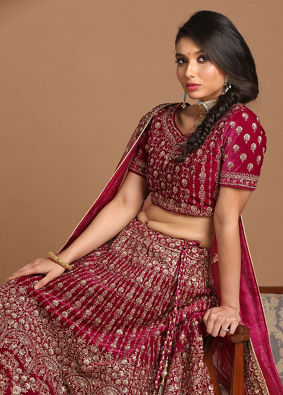 Mohey Women Velvet Wine Red Bridal Lehenga image number 0