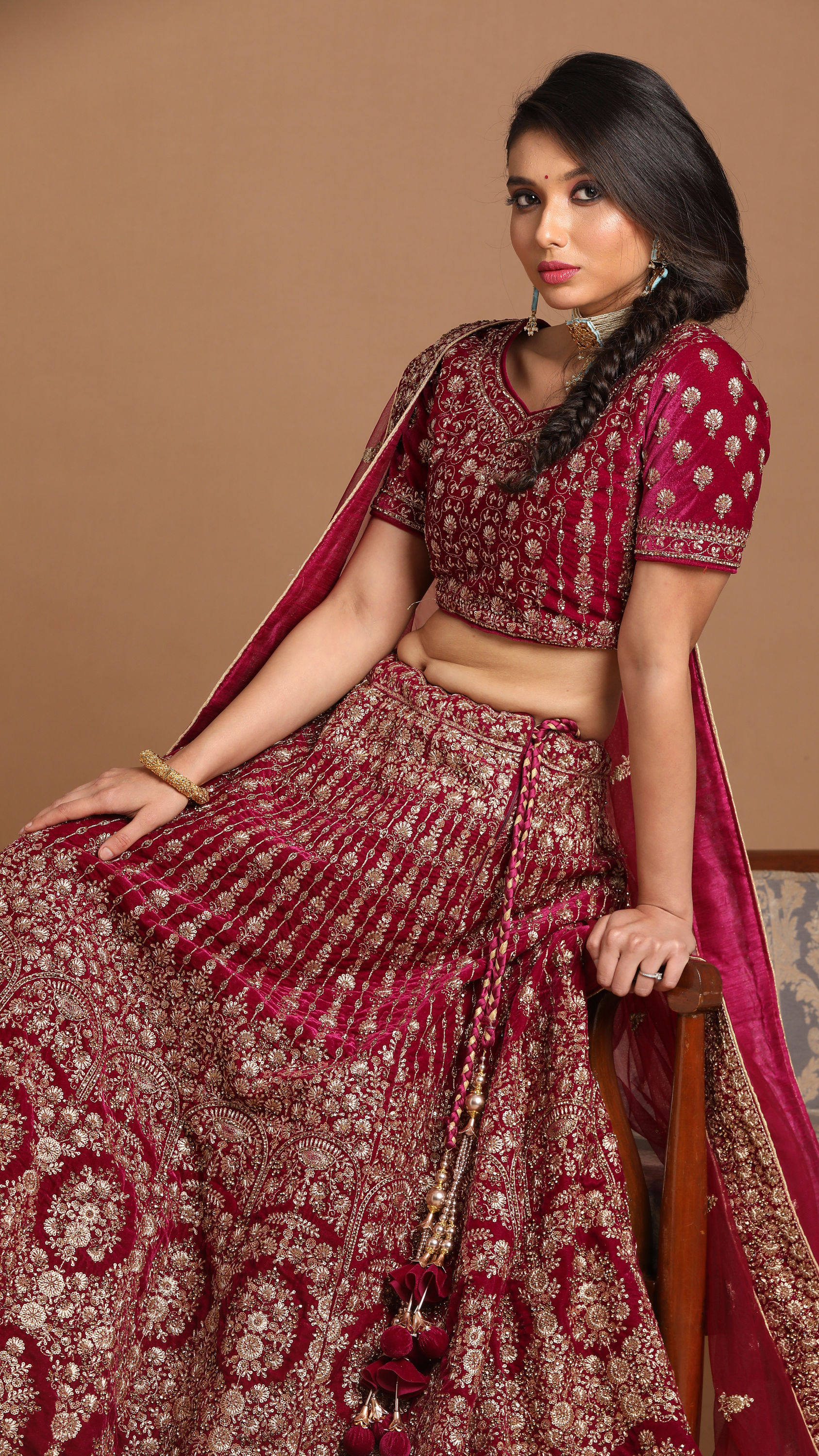 Mohey Women Velvet Wine Red Bridal Lehenga