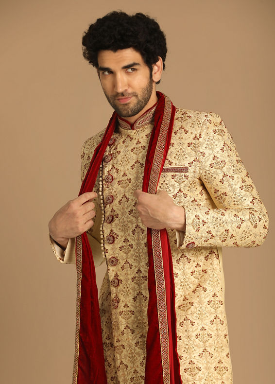 Manyavar Men Suave Biscuit Shade Sherwani