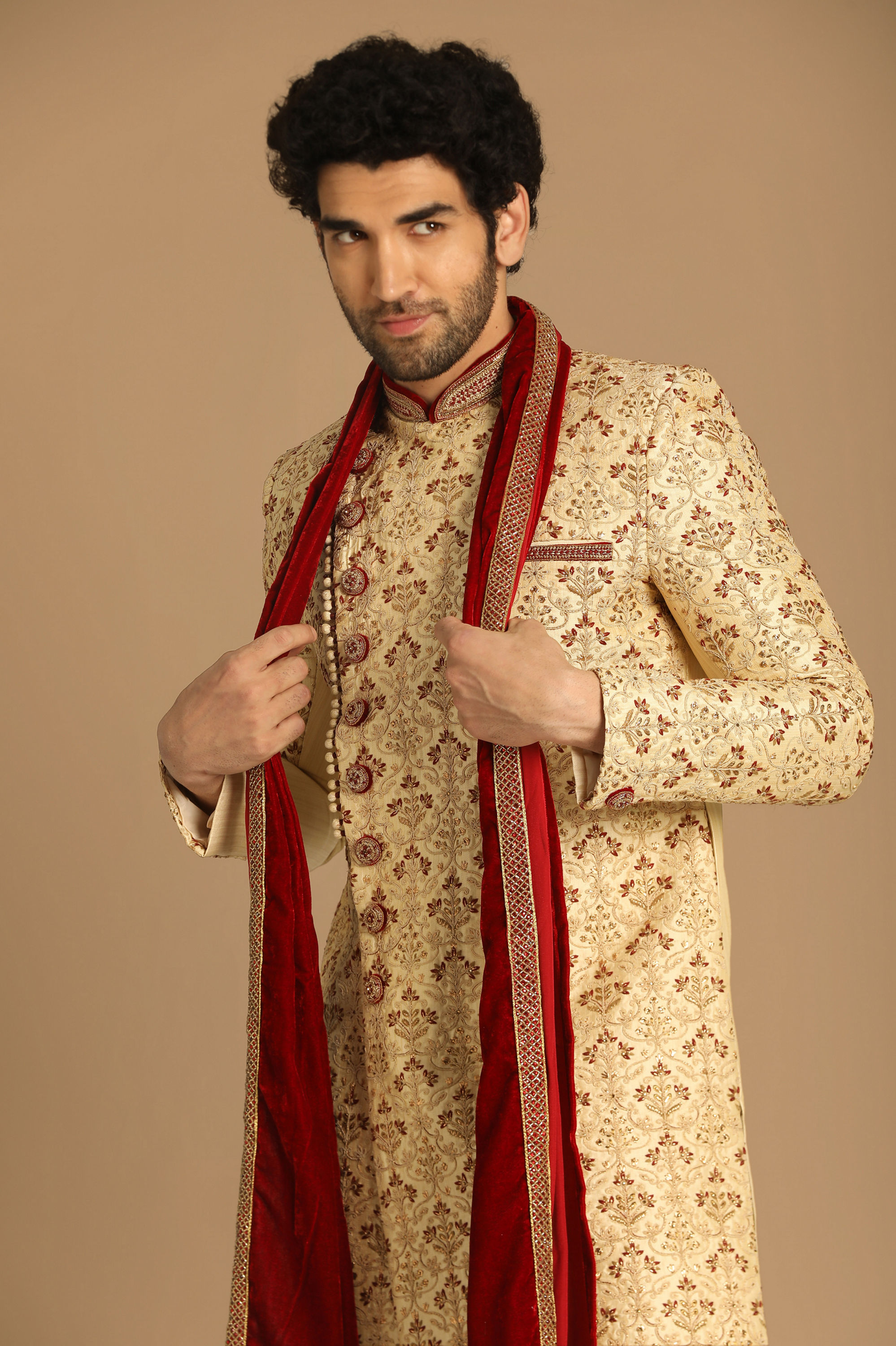 Manyavar Men Suave Biscuit Shade Sherwani