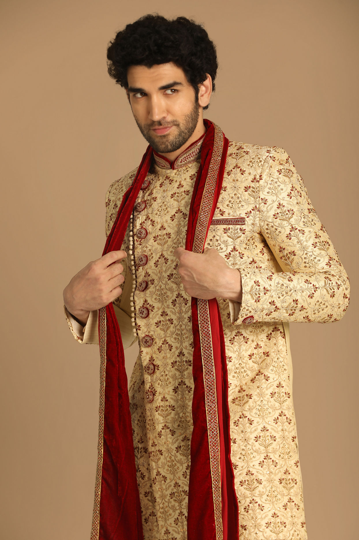 Manyavar Men Suave Biscuit Shade Sherwani