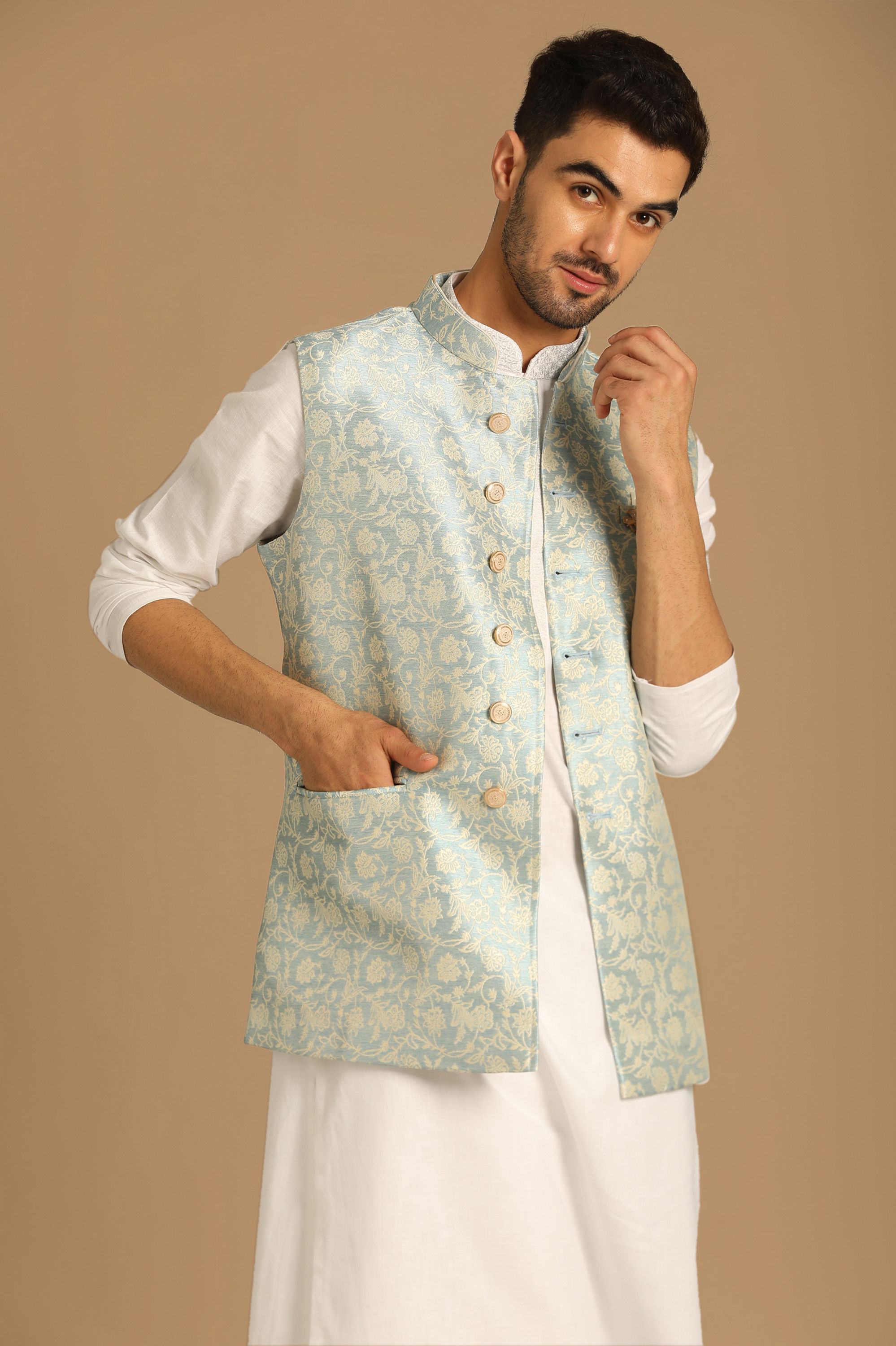 Manyavar Men Fashionable Blue Jacket