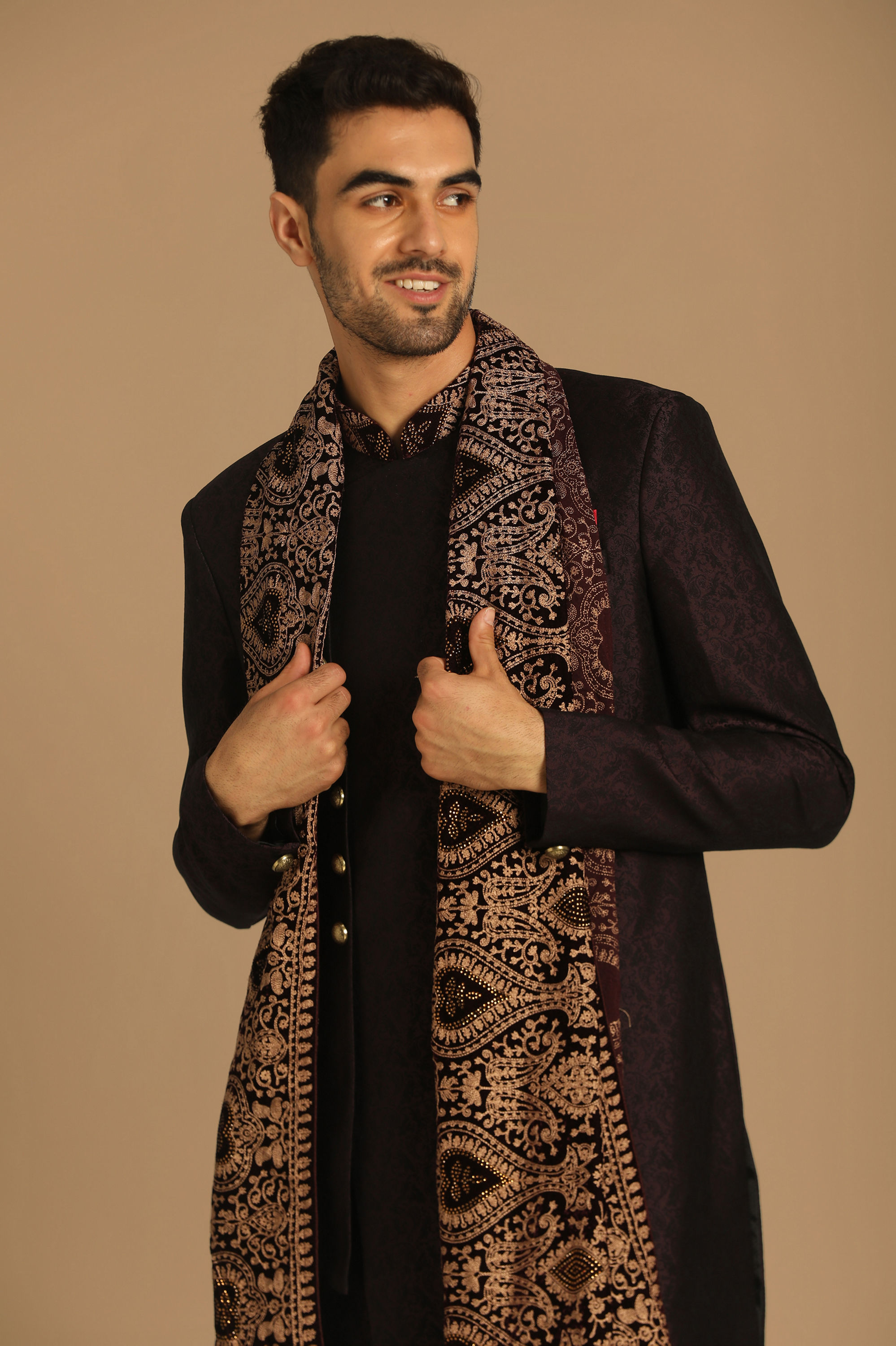 Manyavar Men Wine Indo Western Set With Dupatta