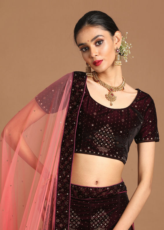 Mohey Women Luxurious Wine Red Velvet Lehenga