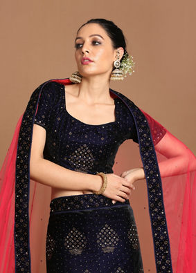 Mohey Women Luxurious Indigo Blue Velvet Lehenga