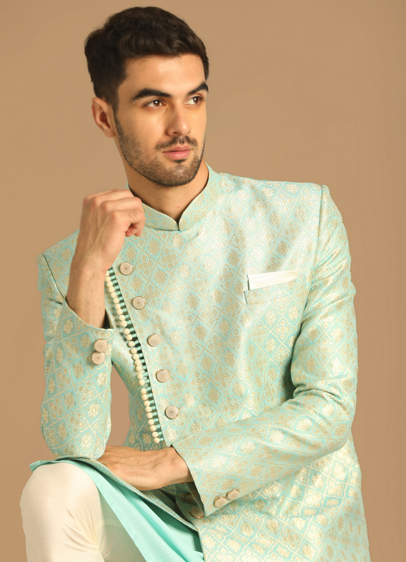 Manyavar Men Pristine Blue Indo Western